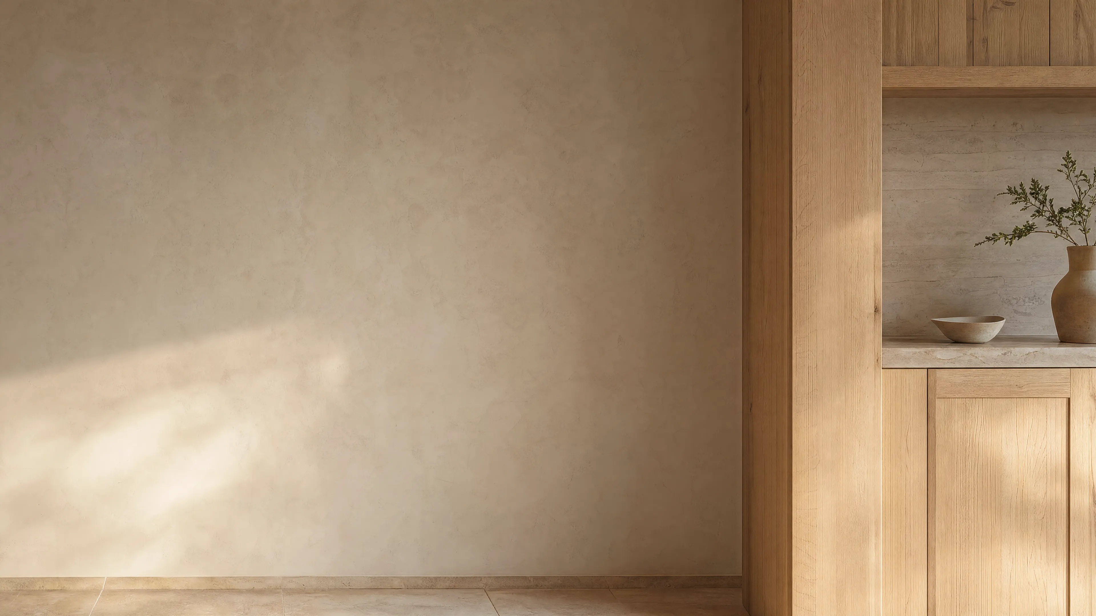 Morning light across lime plaster and wood in a calm Kiso interior.