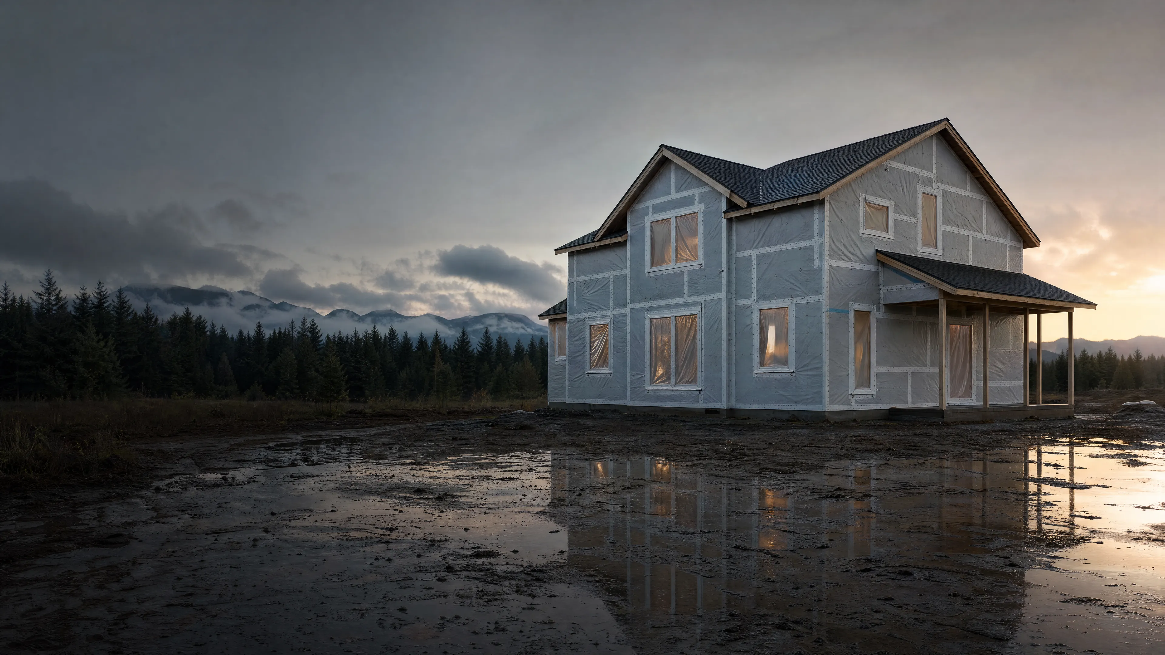 A home enclosed and weather-protected early in the build.