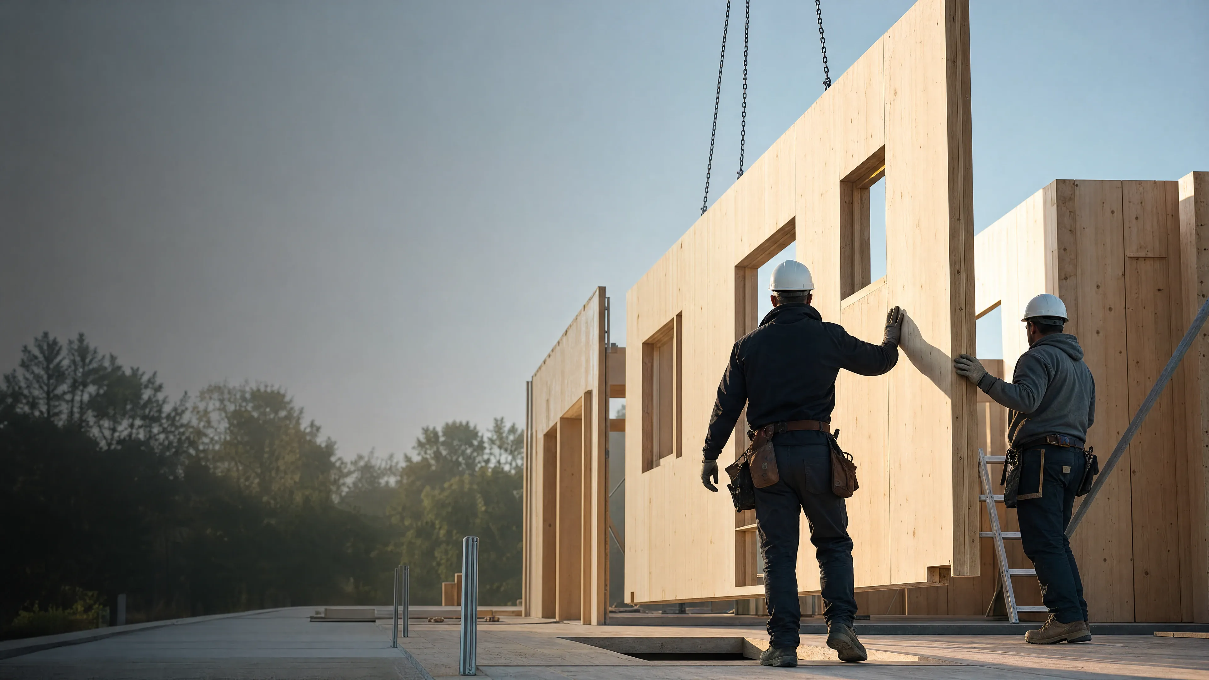 Wall panel installation on a calm, ordered site.