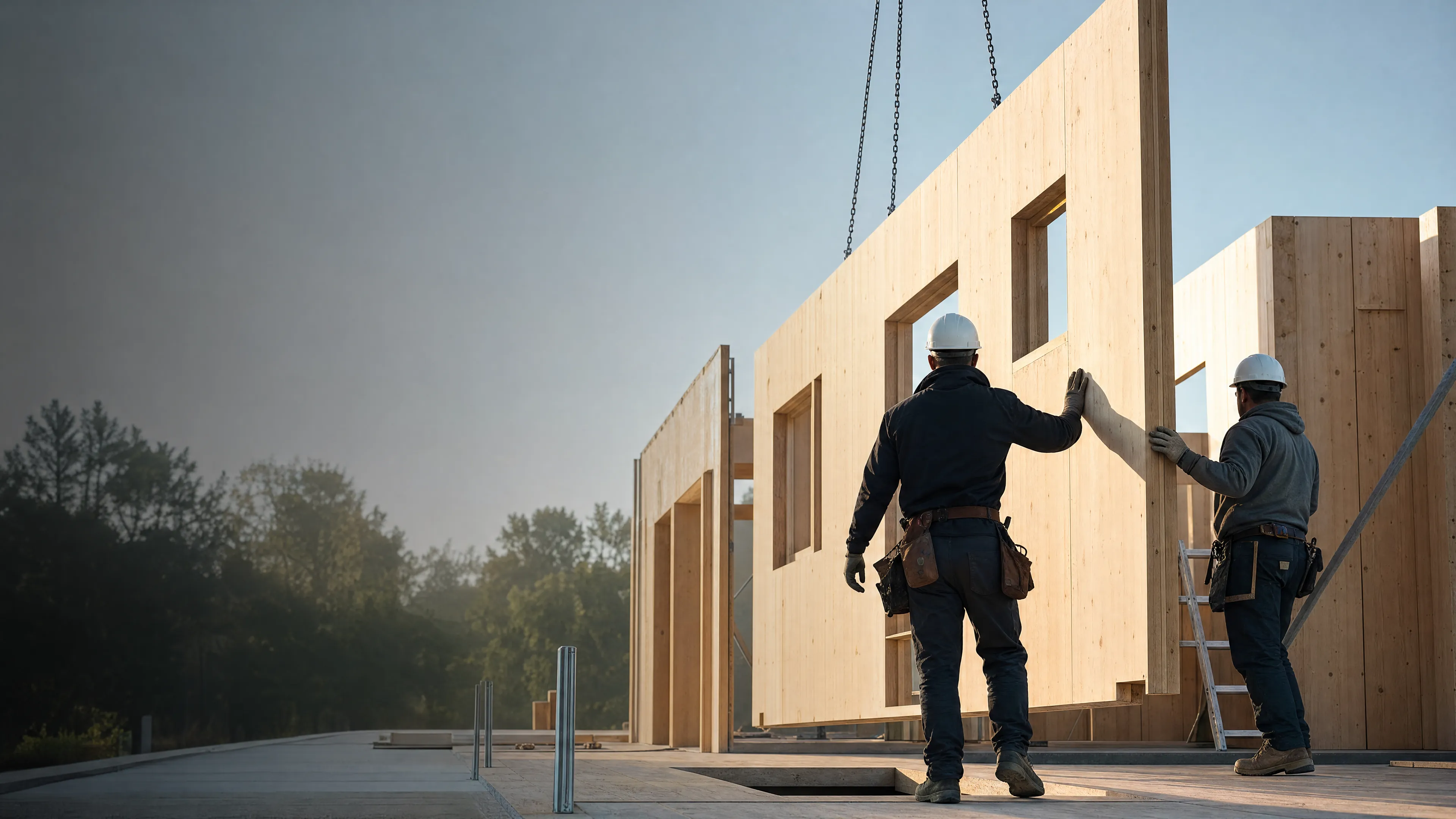 Wall panel installation on a calm, ordered site.