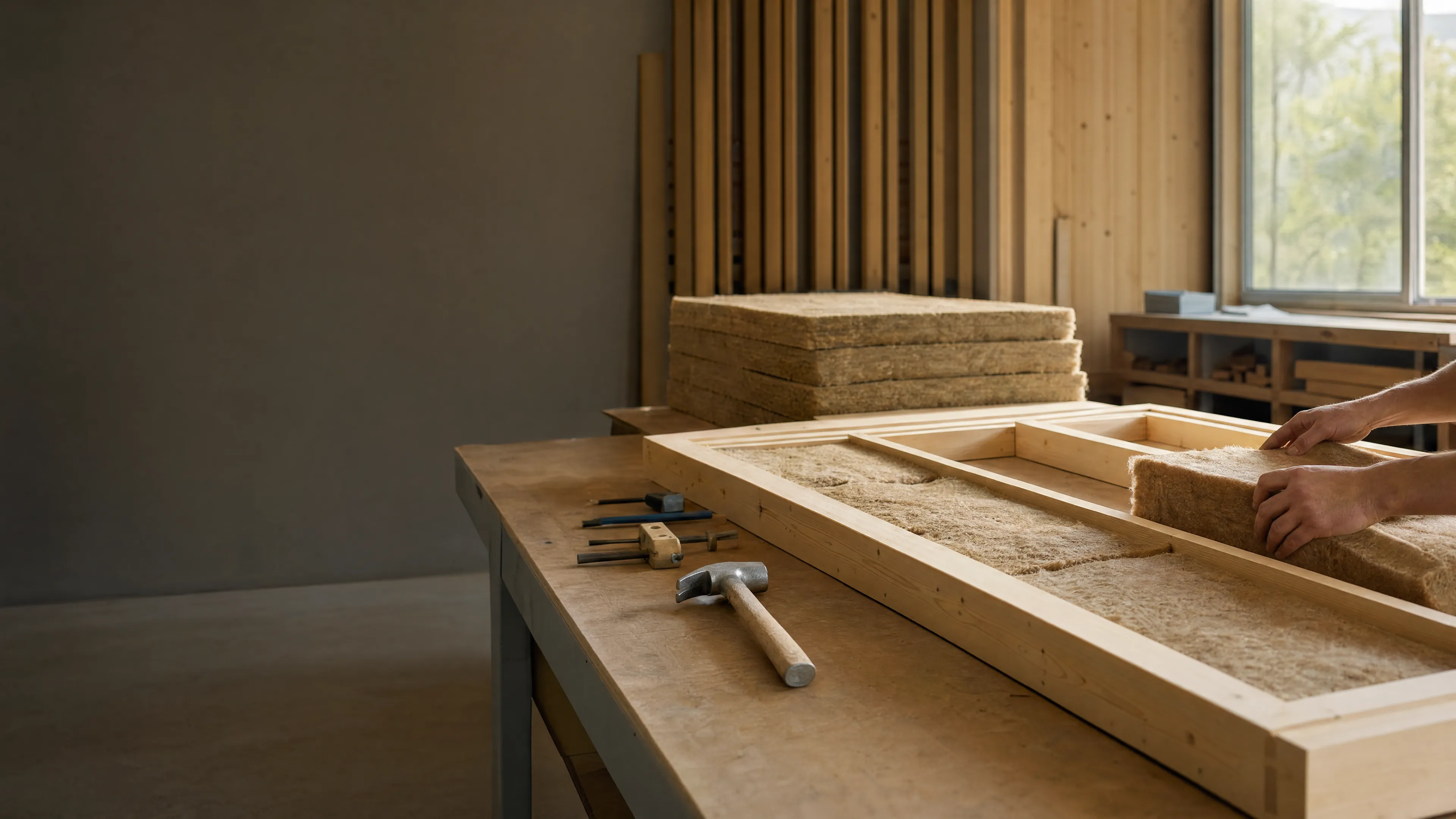 Prefabricated wall panels in fabrication.