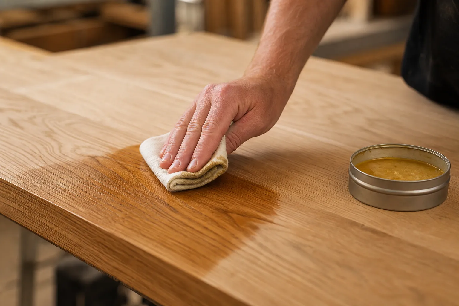 Natural oil and wax finishes being applied by hand.