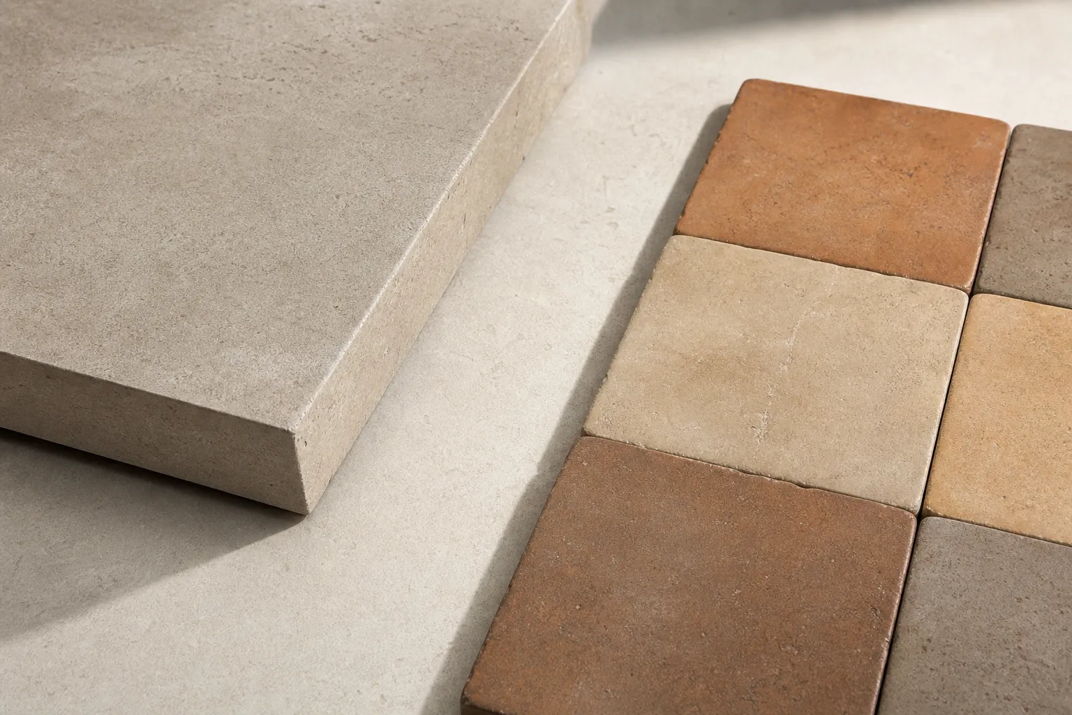 Stone and ceramic surfaces in natural light.